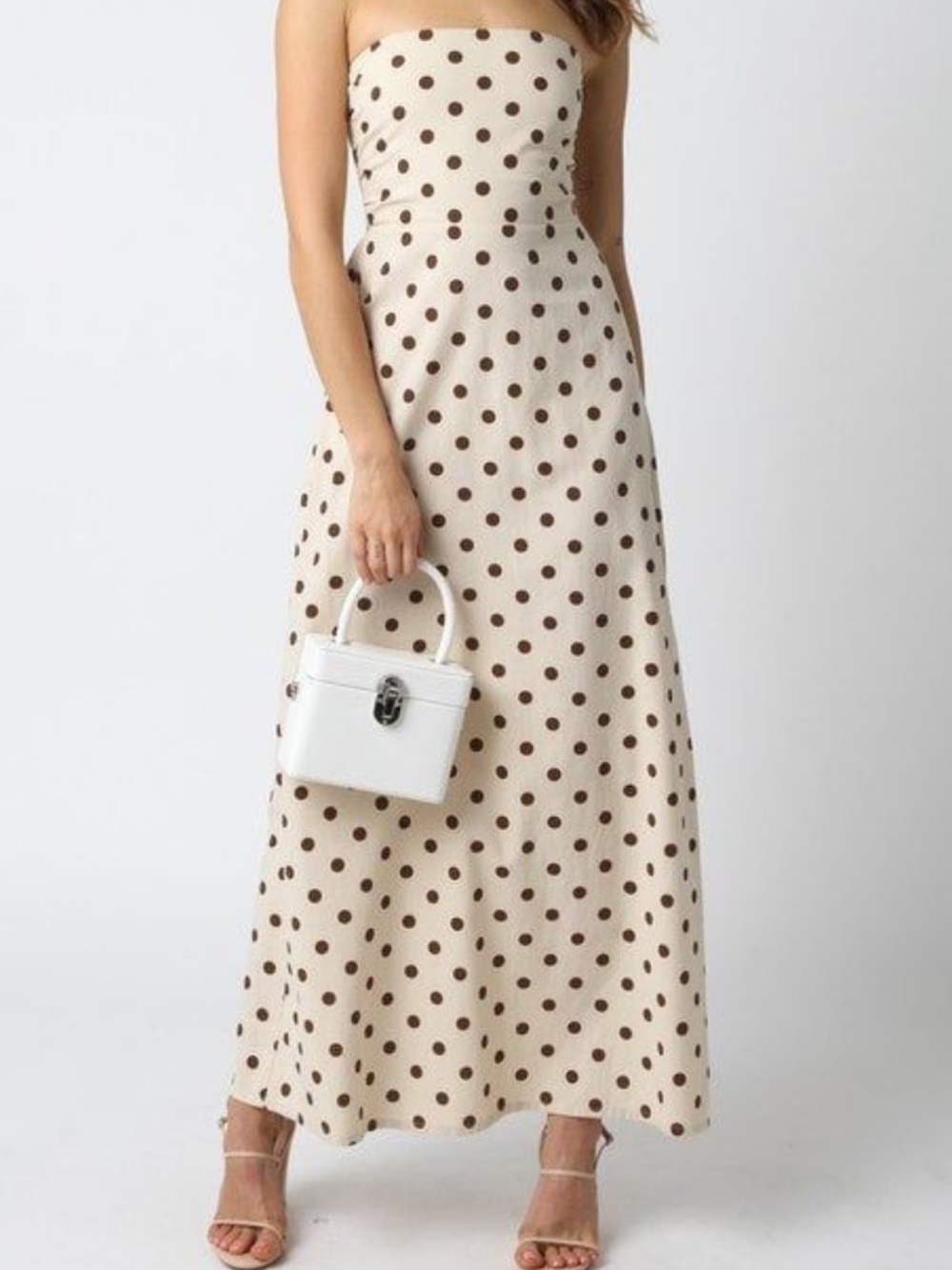 Olivaceous Beige Strapless Maxi Dress with Brown Polka Dots